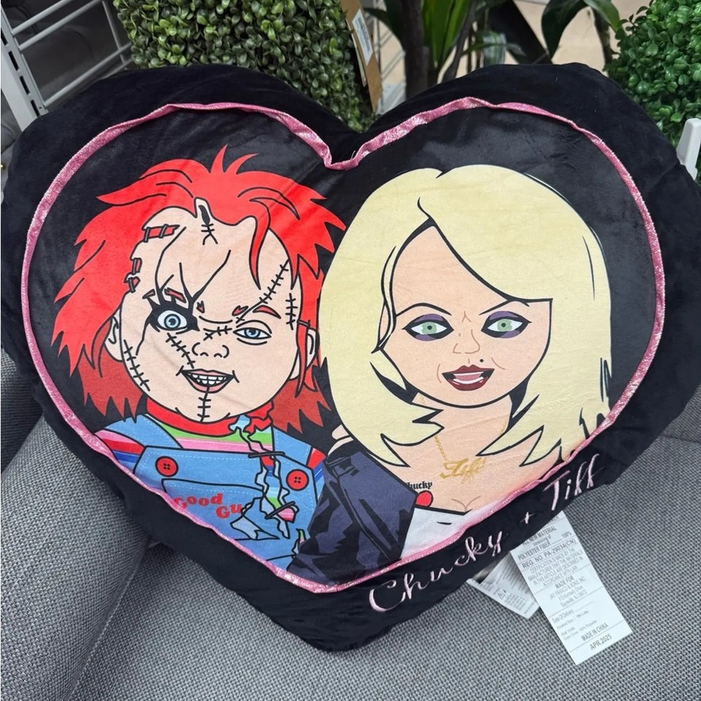 Chucky & Tiff Heart-Shaped Pillow - Black and Pink